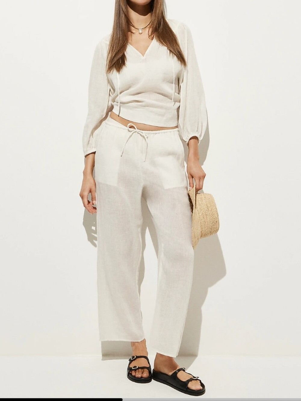 J. Crew BEACH PANT IN HAMPTON Cream Wide-Leg Drawstring Linen Pants Size M NEW